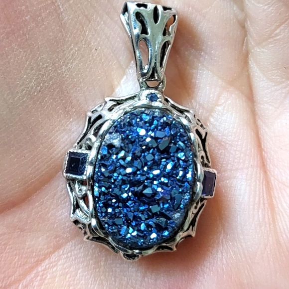 GLISTENING Antique 925 Sterling Silver Filigree Blue Sapphire pendant - Picture 5 of 8